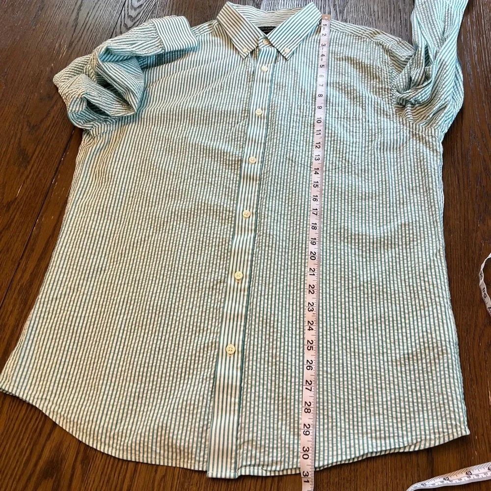 Banana Republic Button Down Shirt Cotton Seersucker Green White Striped Preppy L
